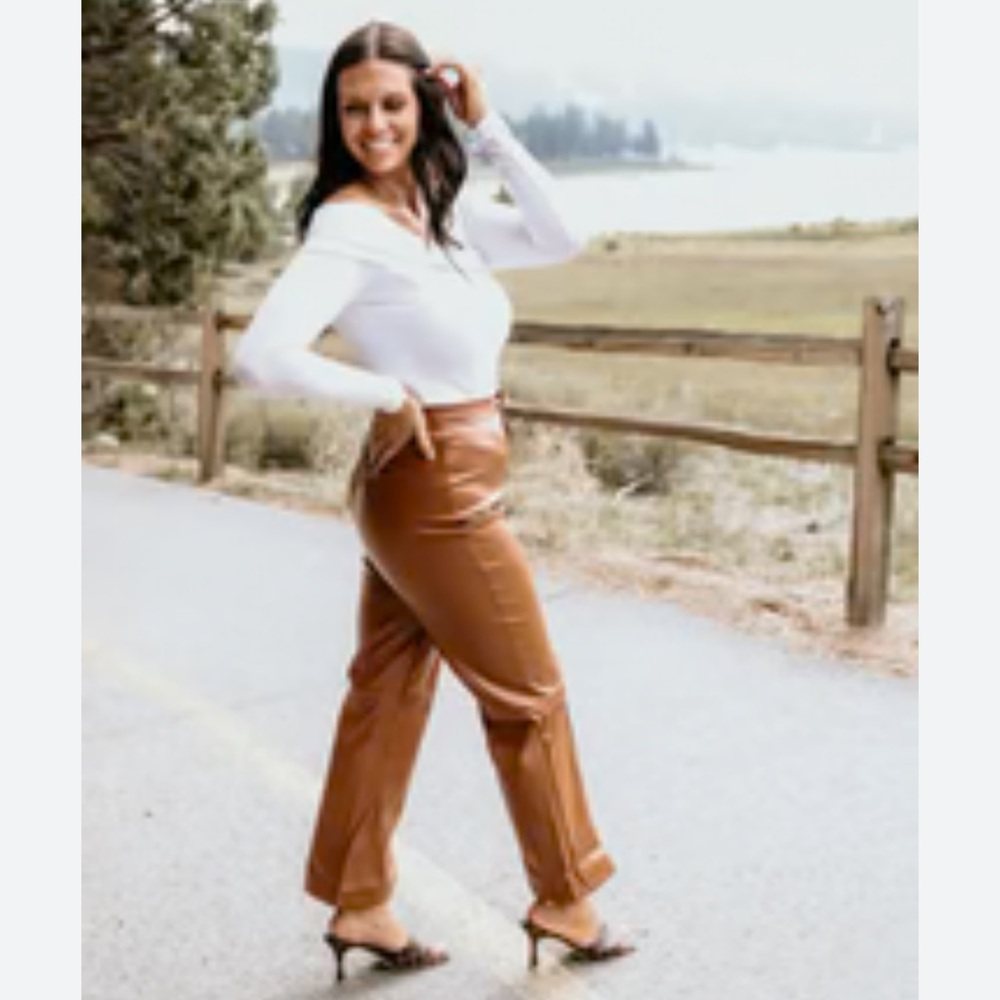 Joie Cognac Vegan Leather Pull-On Straight Leg Pants - Picture 3 of 5